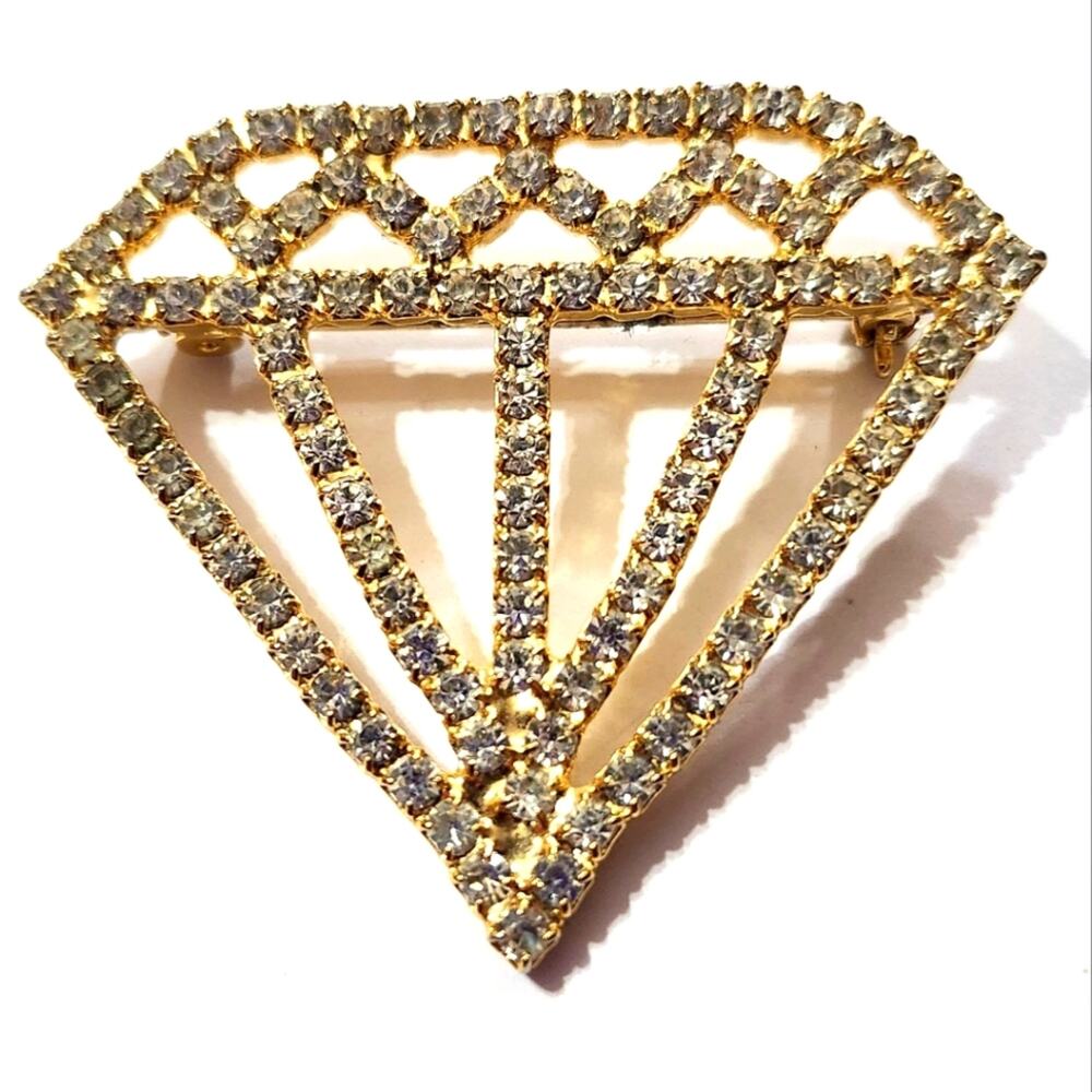 Vtg Prong Set Rhinestone Gold Tone Open Large Diamond Pin Brooch